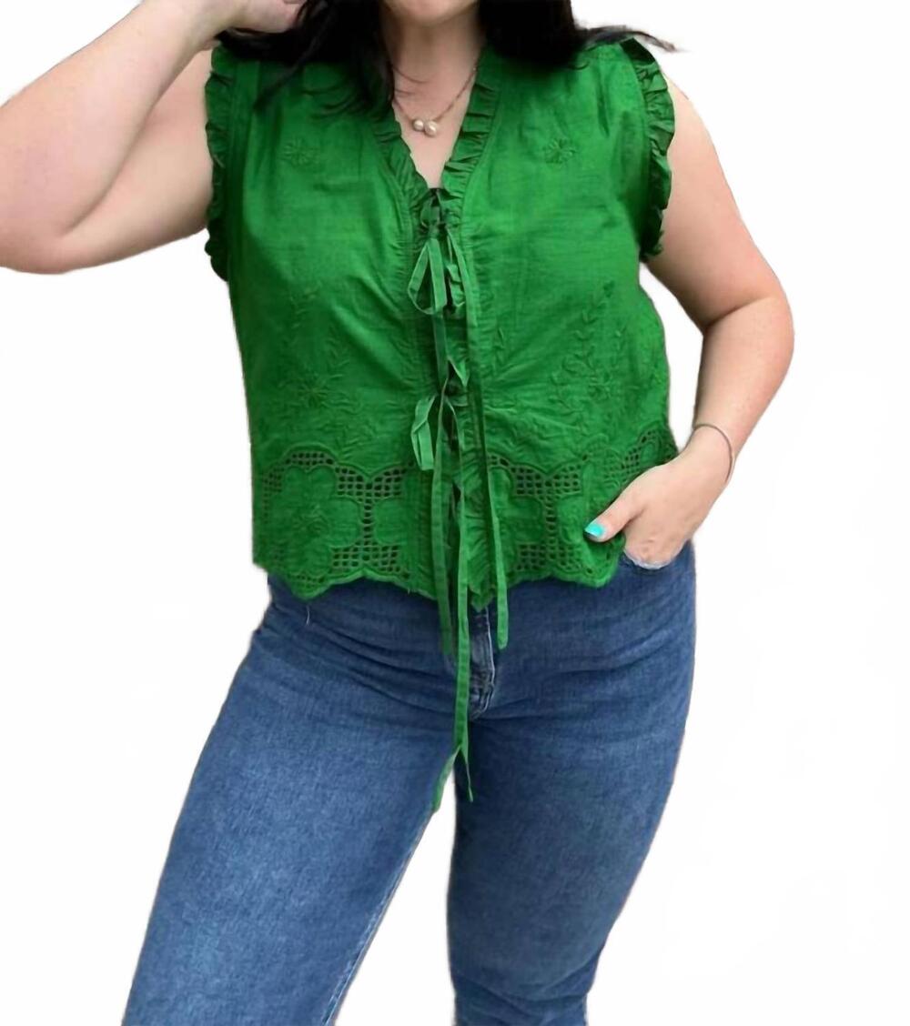 NEW JADE BY JANE ruffle front top in green